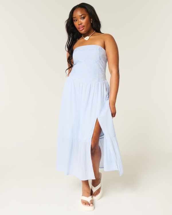 Strapless Blouson Maxi Dress, Dusk Blue view 1