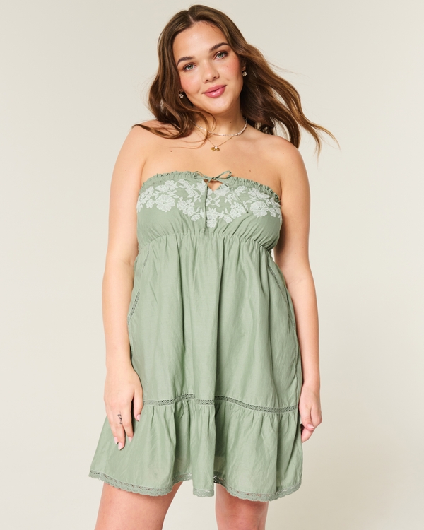 Strapless Embroidered Babydoll Dress, Green view 2
