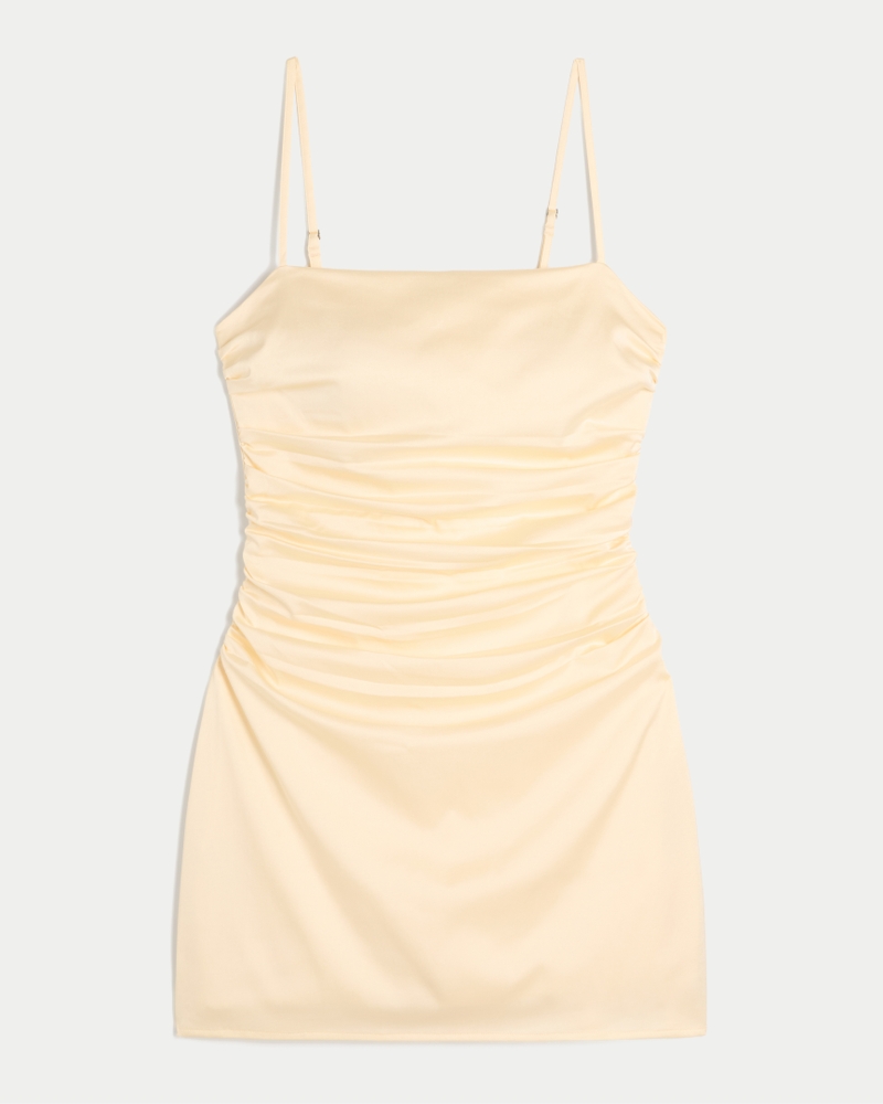 Women's Satin Back Bow Bodycon Dress in Butter Yellow Size XL PETITE from Hollister