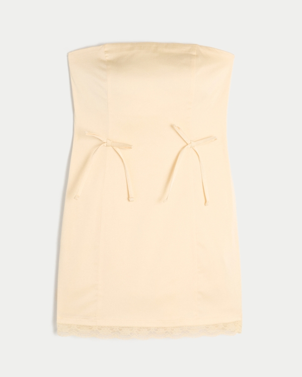 Satin Strapless Bow Bodycon Dress, Butter Yellow view 1