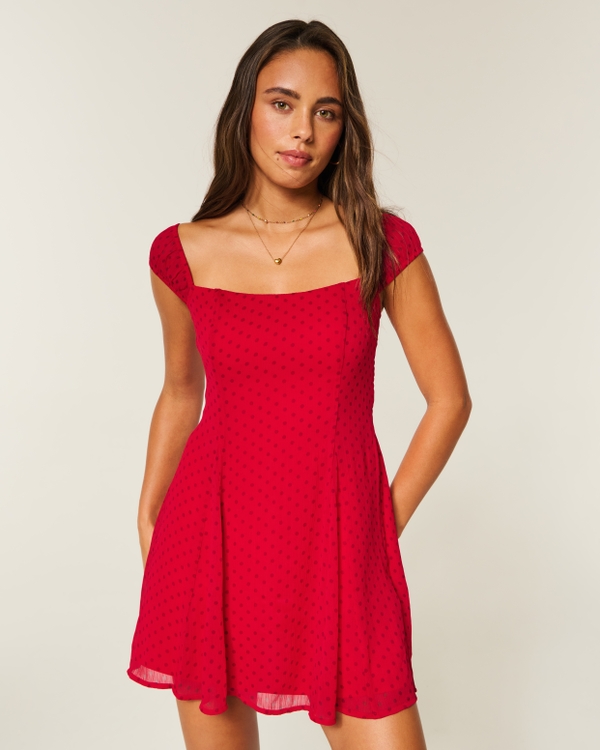 Flocked Chiffon Mini Dress, Red Dot view 1