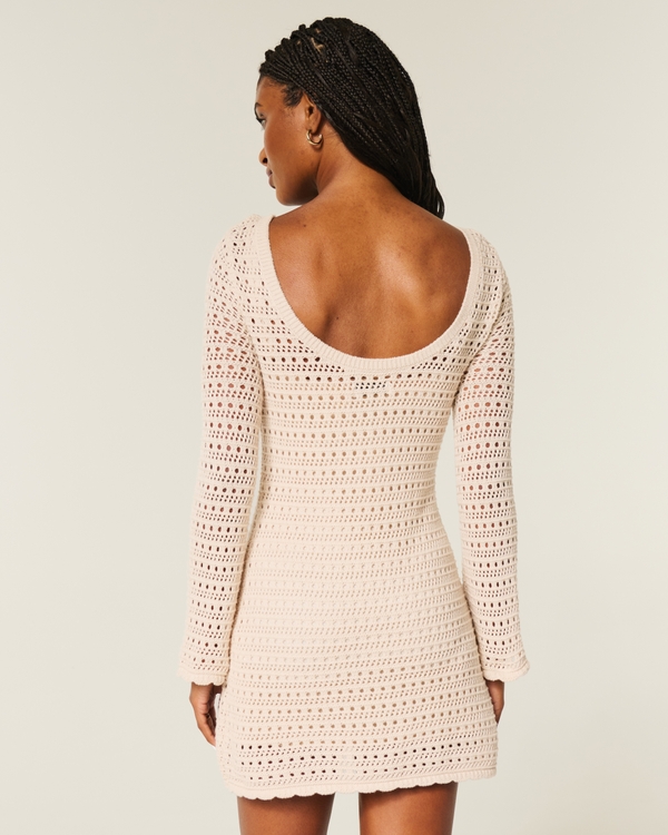 Long-Sleeve Crochet-Style Mini Dress, Tan view 2
