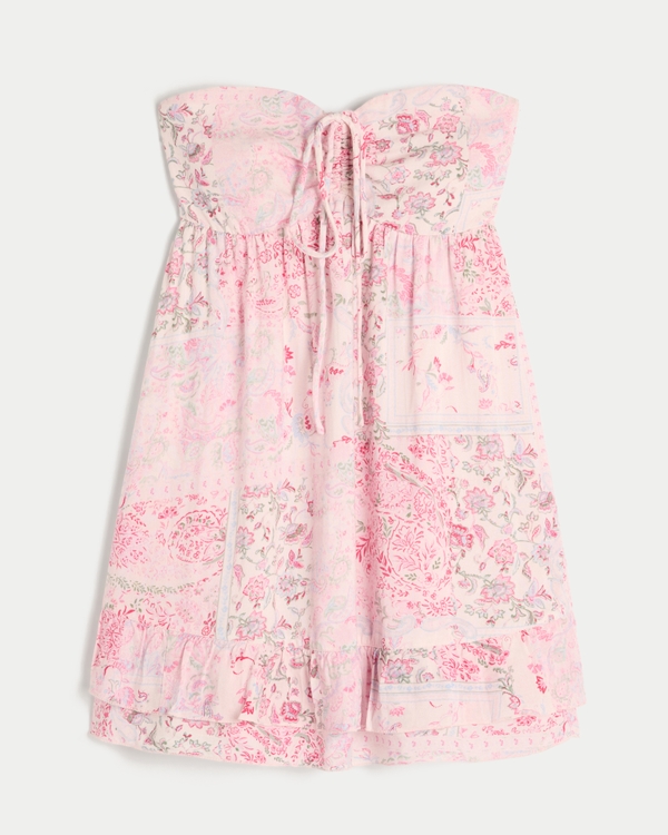 Strapless Ruffle Babydoll Mini Dress, Light Pink Floral view 1