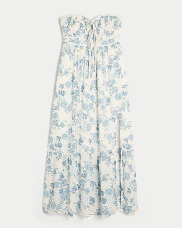 Strapless Braided Maxi Dress, White Floral view 1