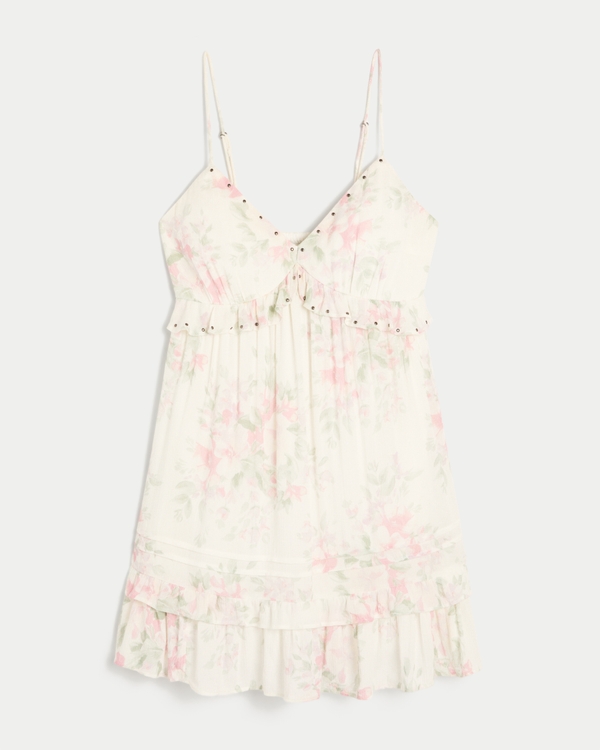 Studded Ruffle Mini Dress, Cloud White Floral view 1