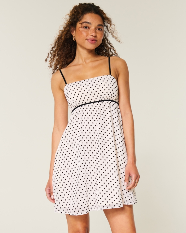 Chiffon Polka Dot Babydoll Mini Dress, Cloud White Dot view 1