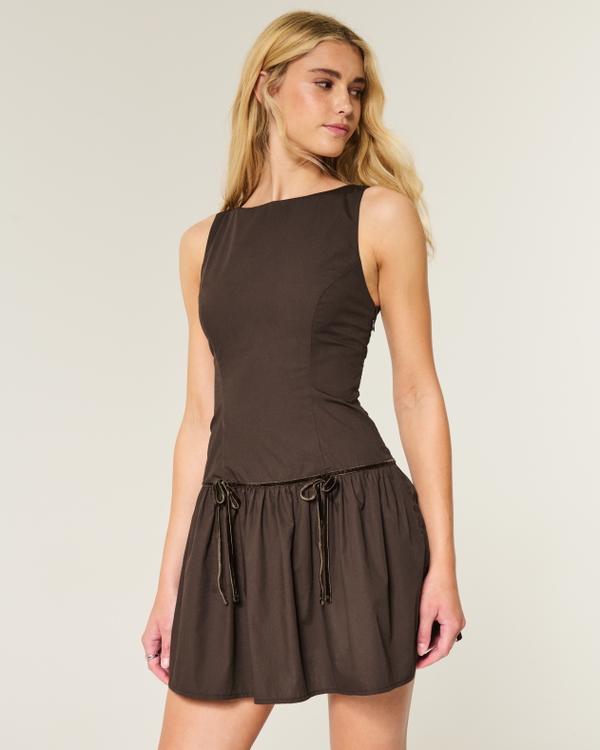 High-Neck Drop-Waist Bow Mini Skort Dress, Espresso view 1