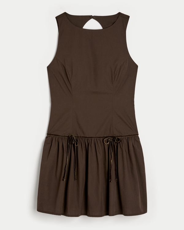 High-Neck Drop-Waist Bow Mini Skort Dress, Espresso view 2