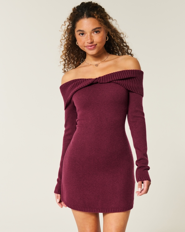 Off-the-Shoulder Twist Bust Sweater Dress, Mulberry view 1