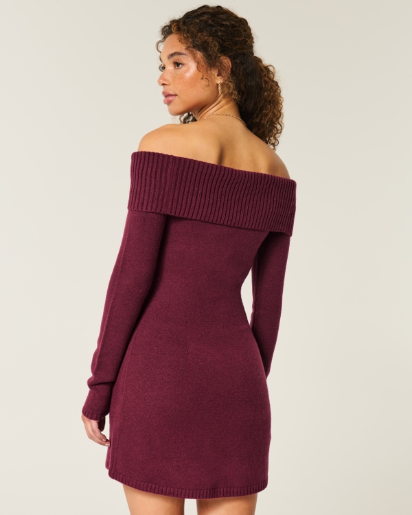 Off-the-Shoulder Twist Bust Sweater Dress, Mulberry view 2