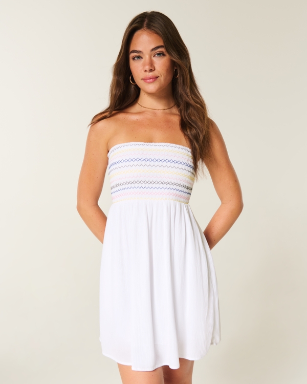 Strapless Smocked Mini Dress, White Stripe view 1