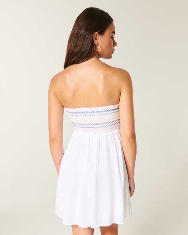 Strapless Smocked Mini Dress, White Stripe view 2