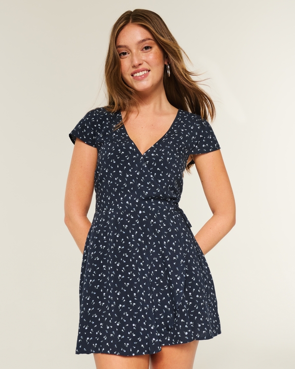 Short-Sleeve Wrap Dress, Navy Blue Floral view 1