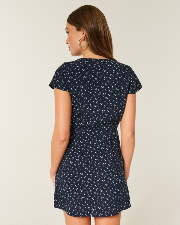 Short-Sleeve Wrap Dress, Navy Blue Floral view 2