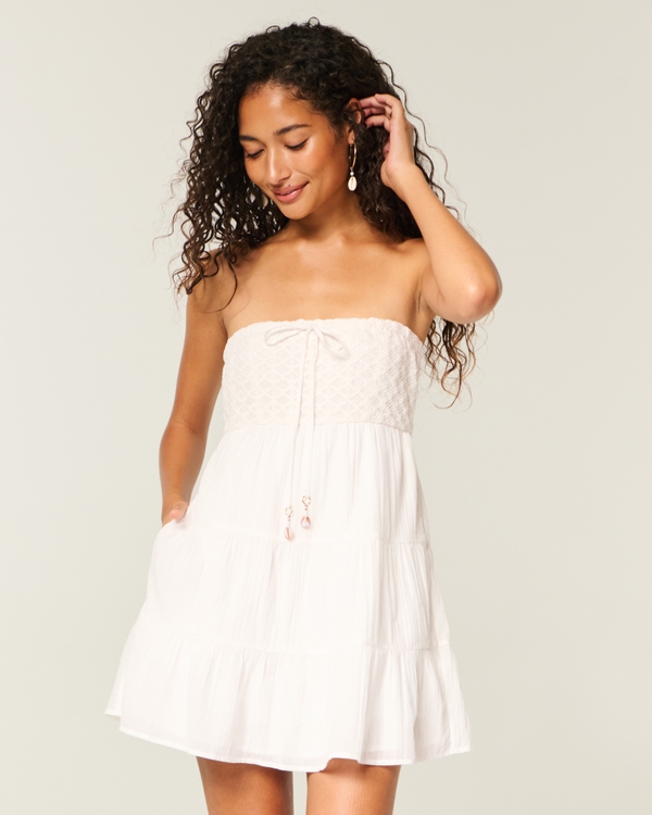 Strapless Crochet-Style Bodice Babydoll Mini Dress, White view 1