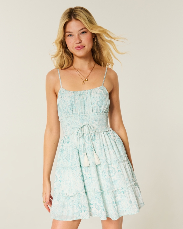 Shimmer Smocked Mini Dress, Turquoise Shine view 1