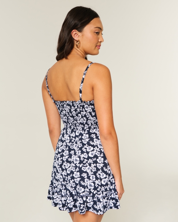 Tie Front Knit Mini Dress, Navy Blue Floral view 2