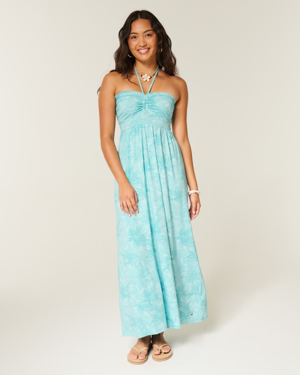 Strapless Knit Maxi Dress, Turquoise Print view 1