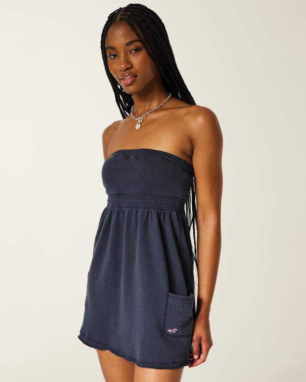 Strapless Terry Mini Dress, Navy Blue view 1