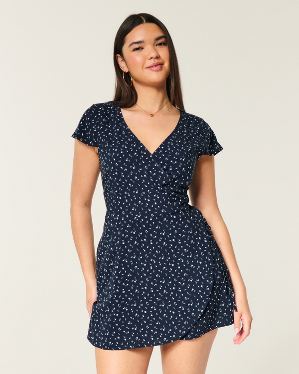 Short-Sleeve Wrap Mini Dress, Navy Blue Floral view 2