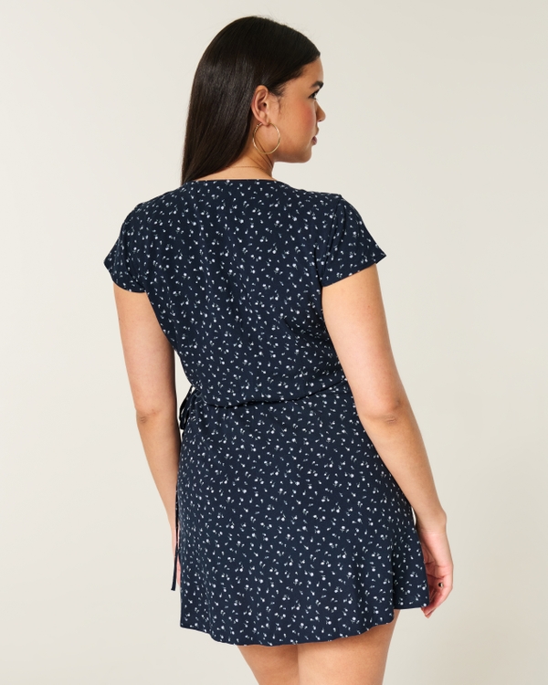 Short-Sleeve Wrap Mini Dress, Navy Blue Floral view 2