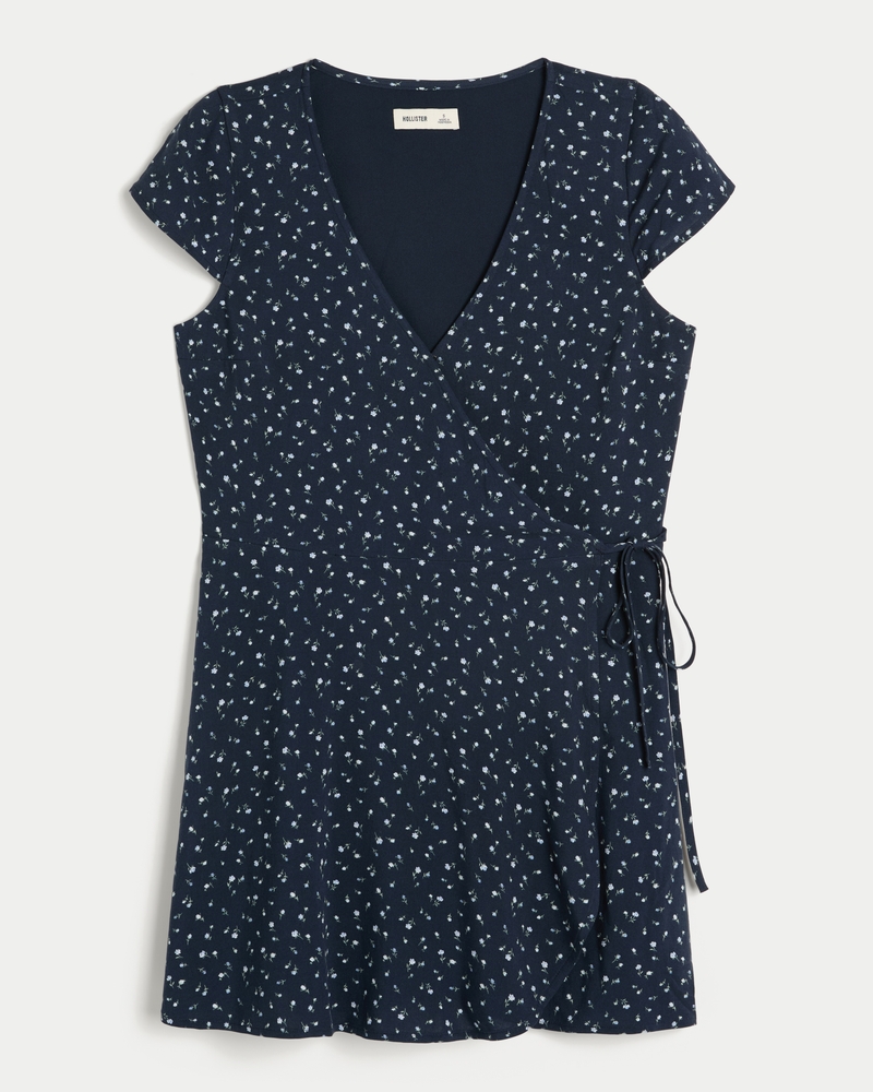 Women's Short-Sleeve Wrap Mini Dress in Navy Blue Floral Size XXS from Hollister
