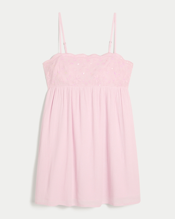 Embroidered Sequin Babydoll Mini Dress, Light Pink view 1