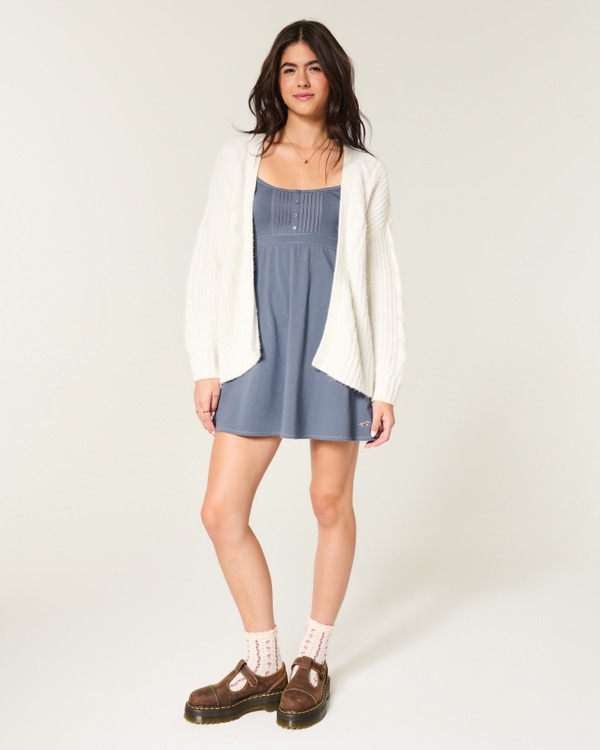 Pintuck Knit Mini Dress, Grey Blue view 2