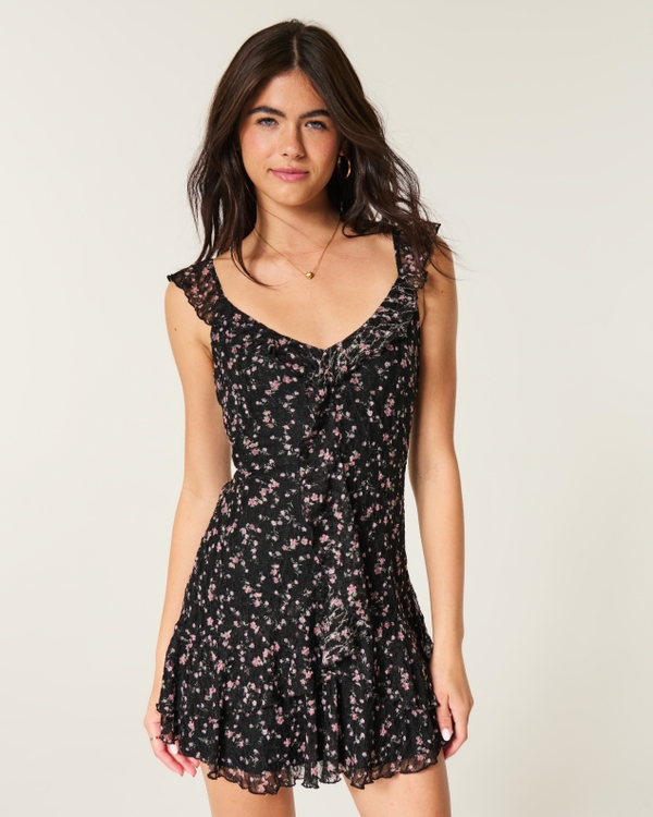 Lace Ruffle Mini Dress, Black Floral view 1