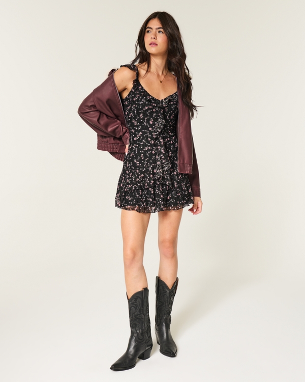 Lace Ruffle Mini Dress, Black Floral view 2