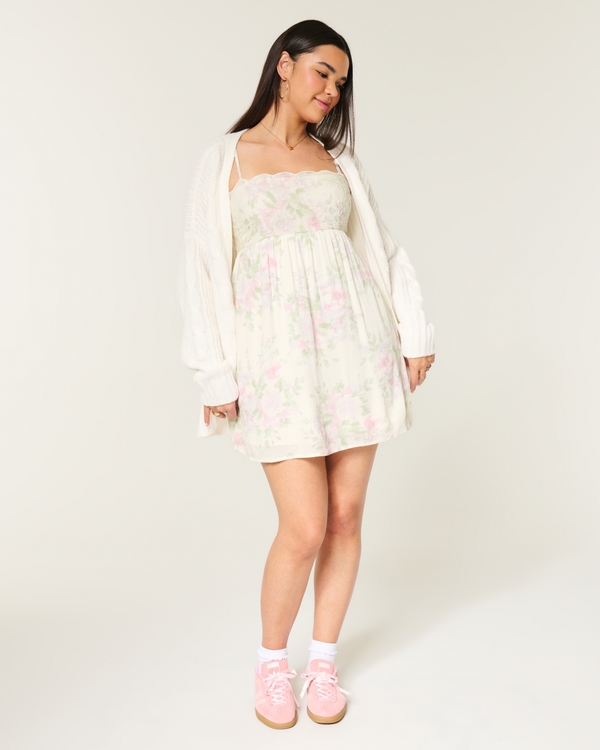 Embroidered Sequin Babydoll Mini Dress, White Floral Embellishment view 2