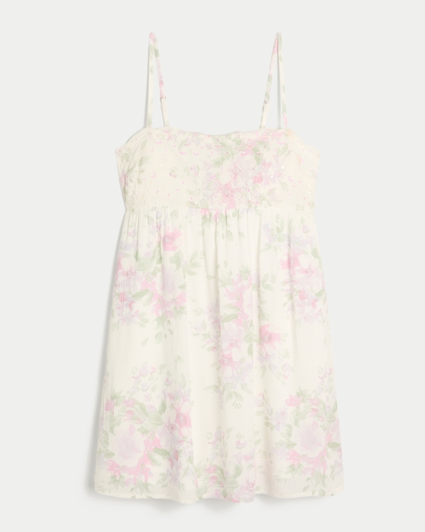 sequin embroidered babydoll dress in seafoam Just My Type Beige Floral Embroidery Babydoll Dress – Shop the Mint main image 0