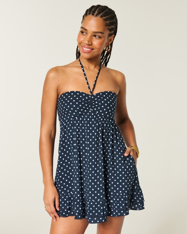Strapless Babydoll Mini Dress, Navy Dot view 1