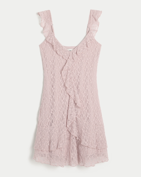Lace Ruffle Mini Dress, Blush Pink view 1