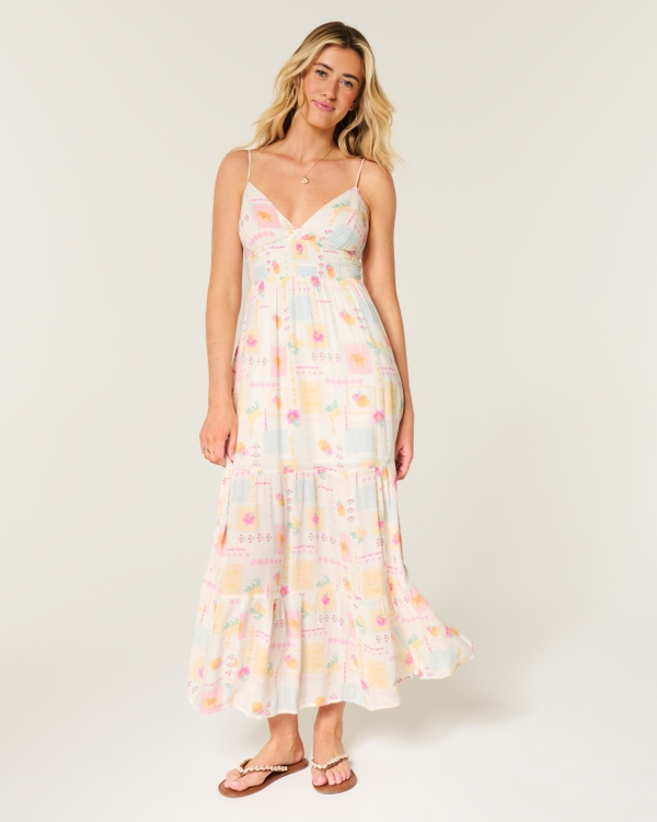 Pattern Babydoll Maxi Dress, White Print view 1
