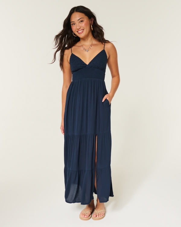 Embroidered Babydoll Maxi Dress, Navy view 1