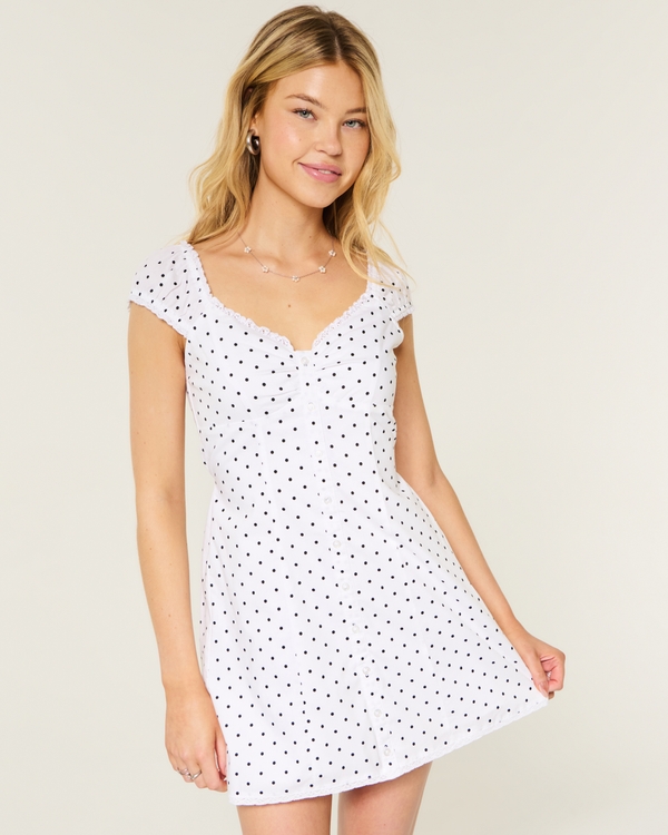 Cap Sleeve Button Shirt Dress, White Dot view 1