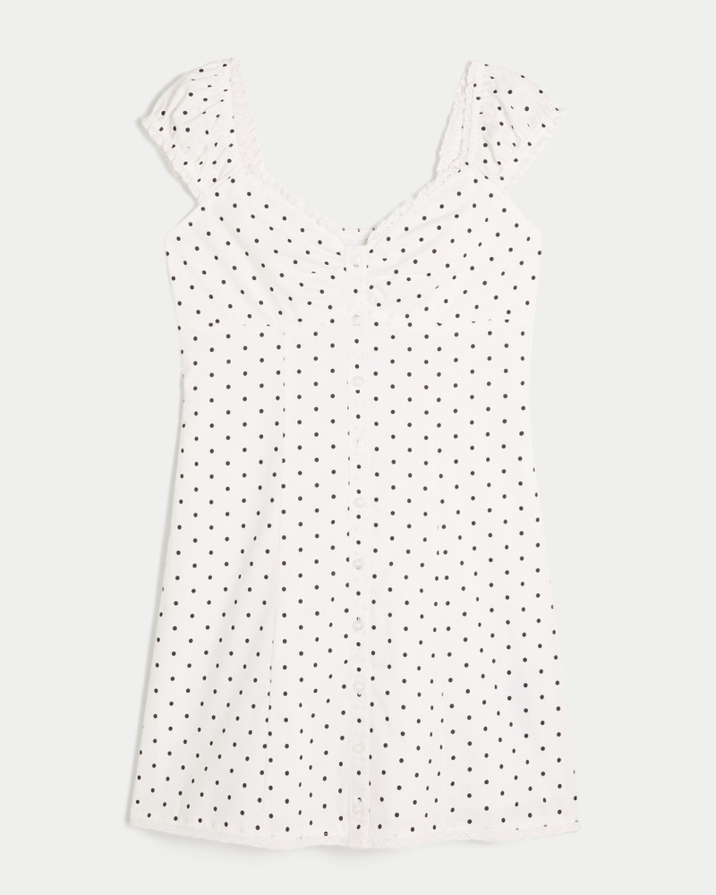 Women's Cap Sleeve Button Shirt Dress in White Dot Size L TALL from Hollister