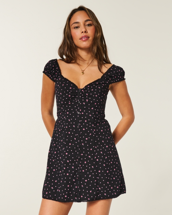 Cap Sleeve Button Shirt Dress, Black Floral view 1