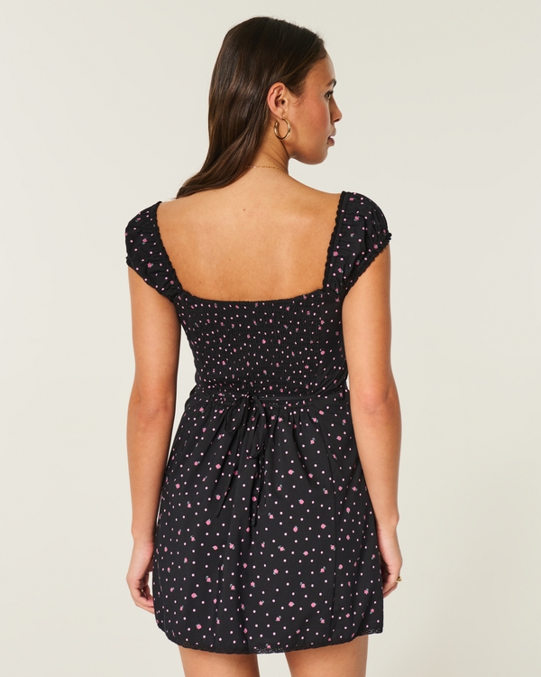 Cap Sleeve Button Shirt Dress, Black Floral view 2
