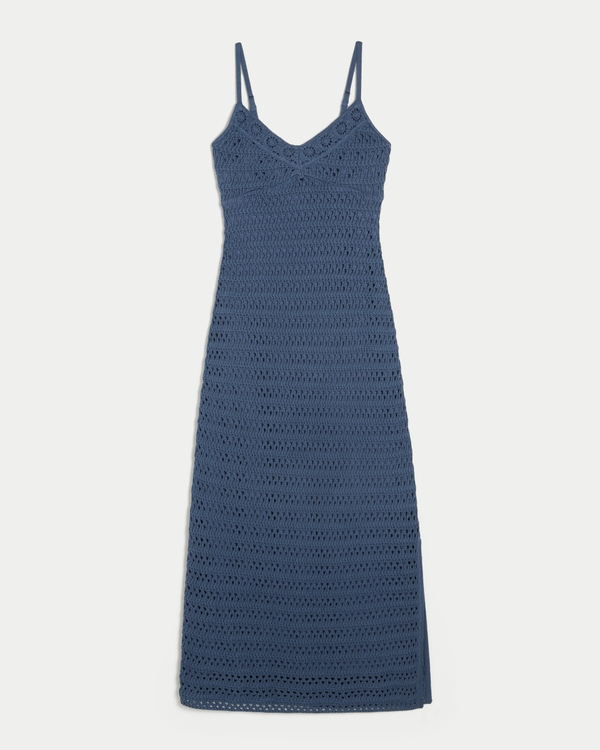 Crochet-Style Knit Midi Dress, Dark Blue view 1