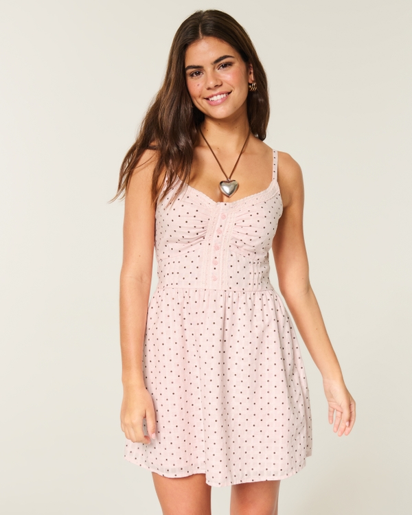 Curvy Lace Trim Mini Dress, Light Lilac Dot view 1