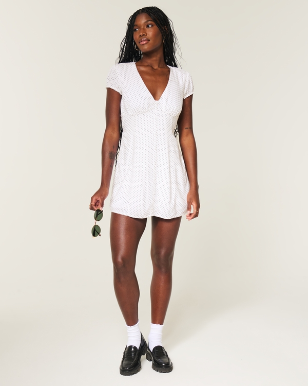 Button Front Mini Dress, White Dot view 2