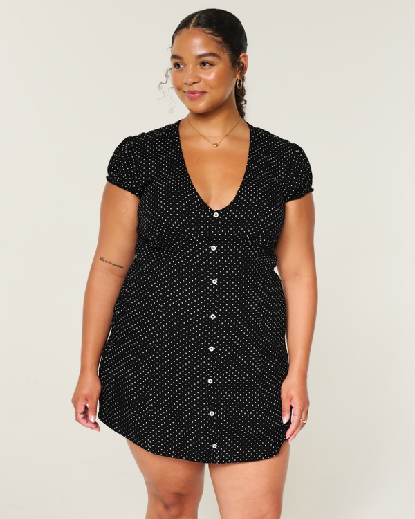 Button Front Mini Dress, Black Dot view 1