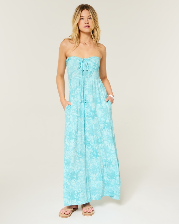 Strapless Knit Maxi Skirt, Turquoise Print view 1