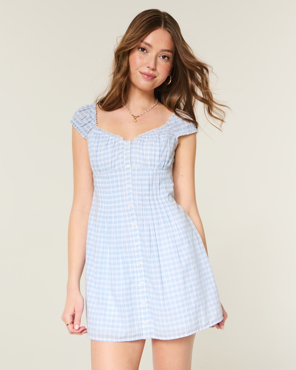 Cap Sleeve Button Front Mini Dress, Light Blue. Plaid view 1