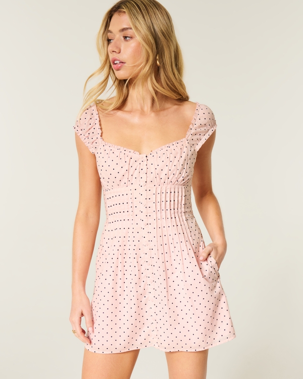 Cap Sleeve Button Front Mini Dress, Light Pink Dot view 1