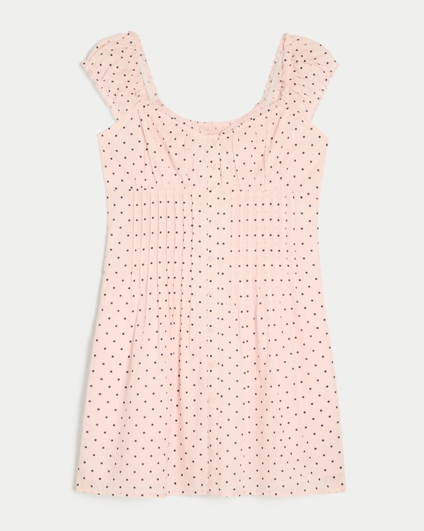 Cap Sleeve Button Front Mini Dress, Light Pink Dot view 1