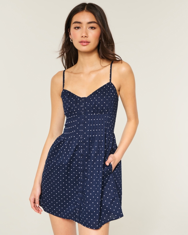 Pintuck Mini Dress, Navy Dot view 1