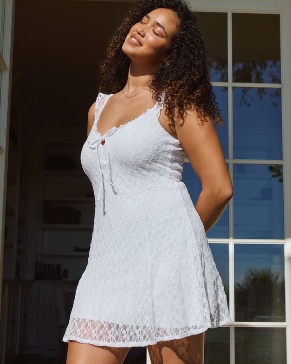 All-Over Lace Mini Dress, White view 1